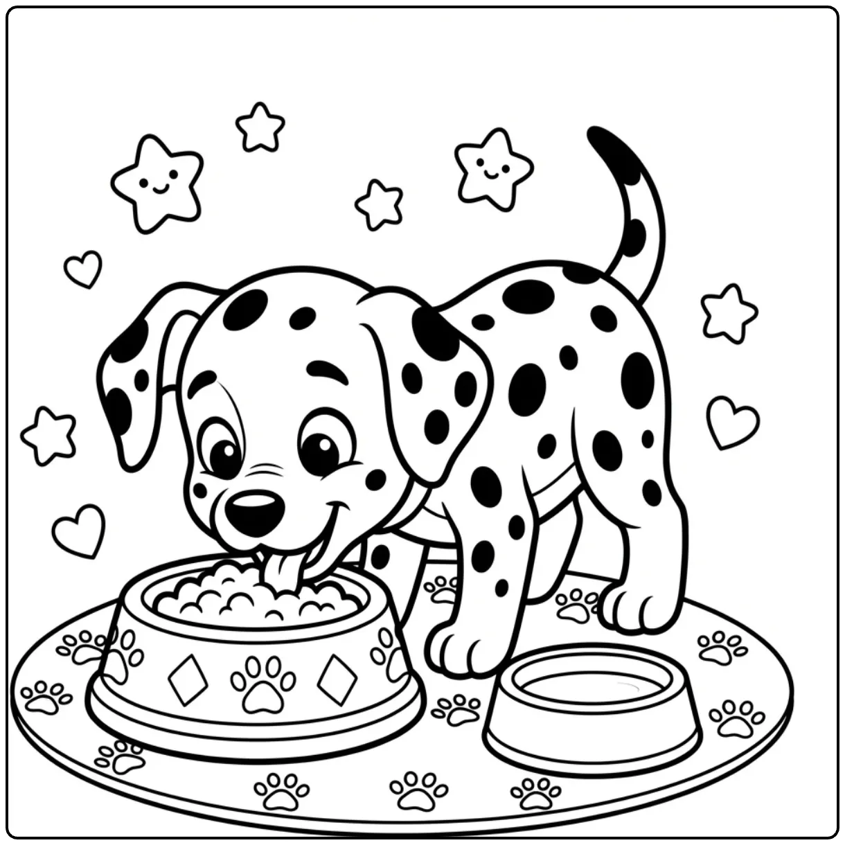 Cute Dalmatian coloring page for preschoolers eating lunch