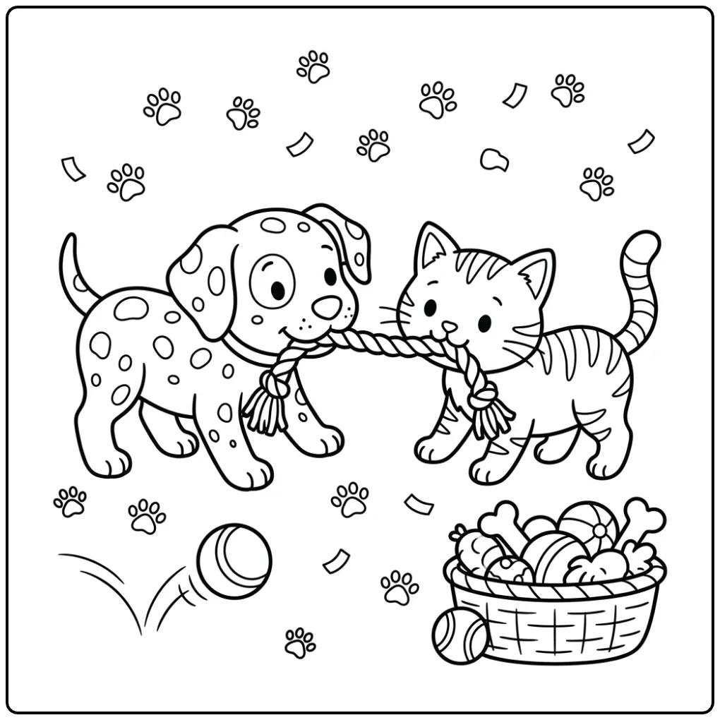 Dalmatian coloring page with puppy and kitten playing tug-of-war.
