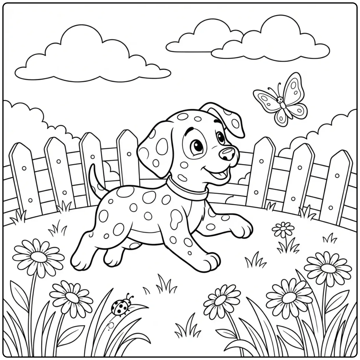 Cute Dalmatian Puppy coloring page chasing a butterfly.