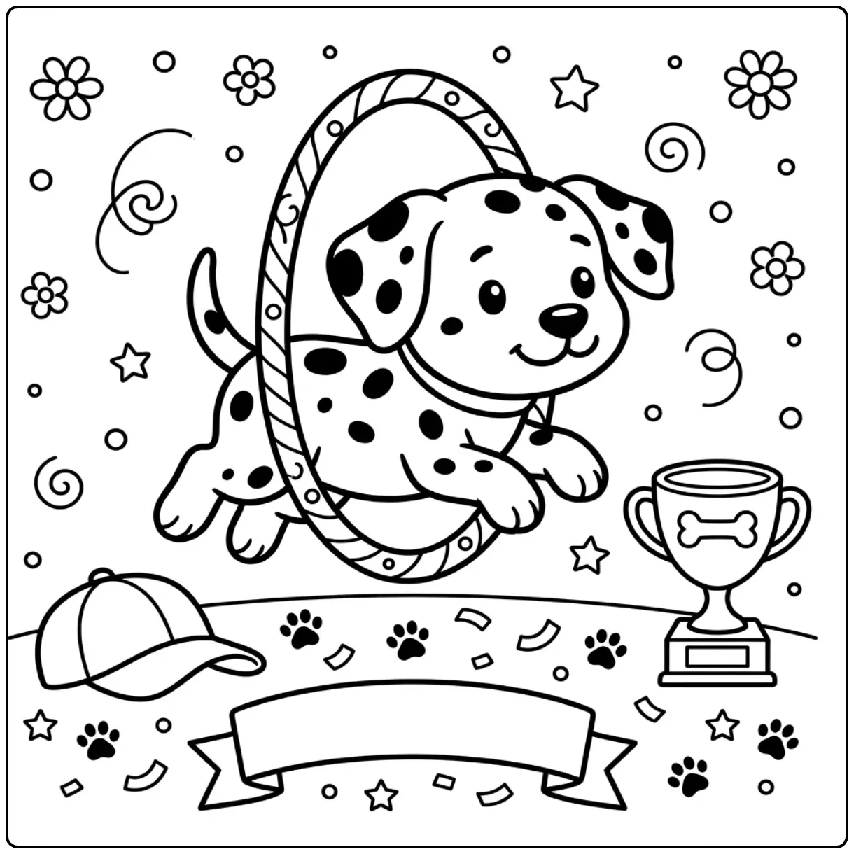 Cute Dalmatian Puppy coloring page jumping through a hoop.