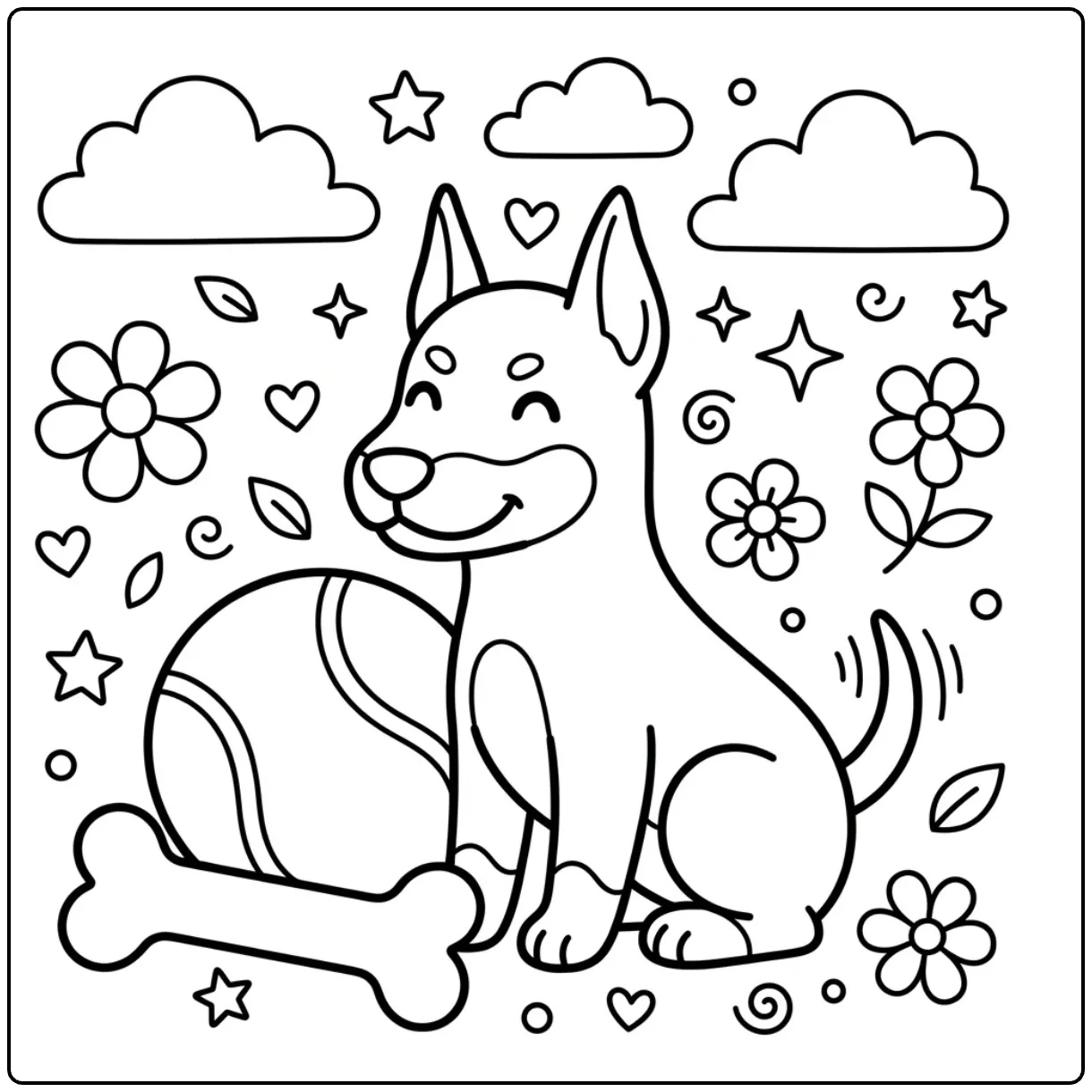 Cute Doberman coloring page for toddlers with ball and bone