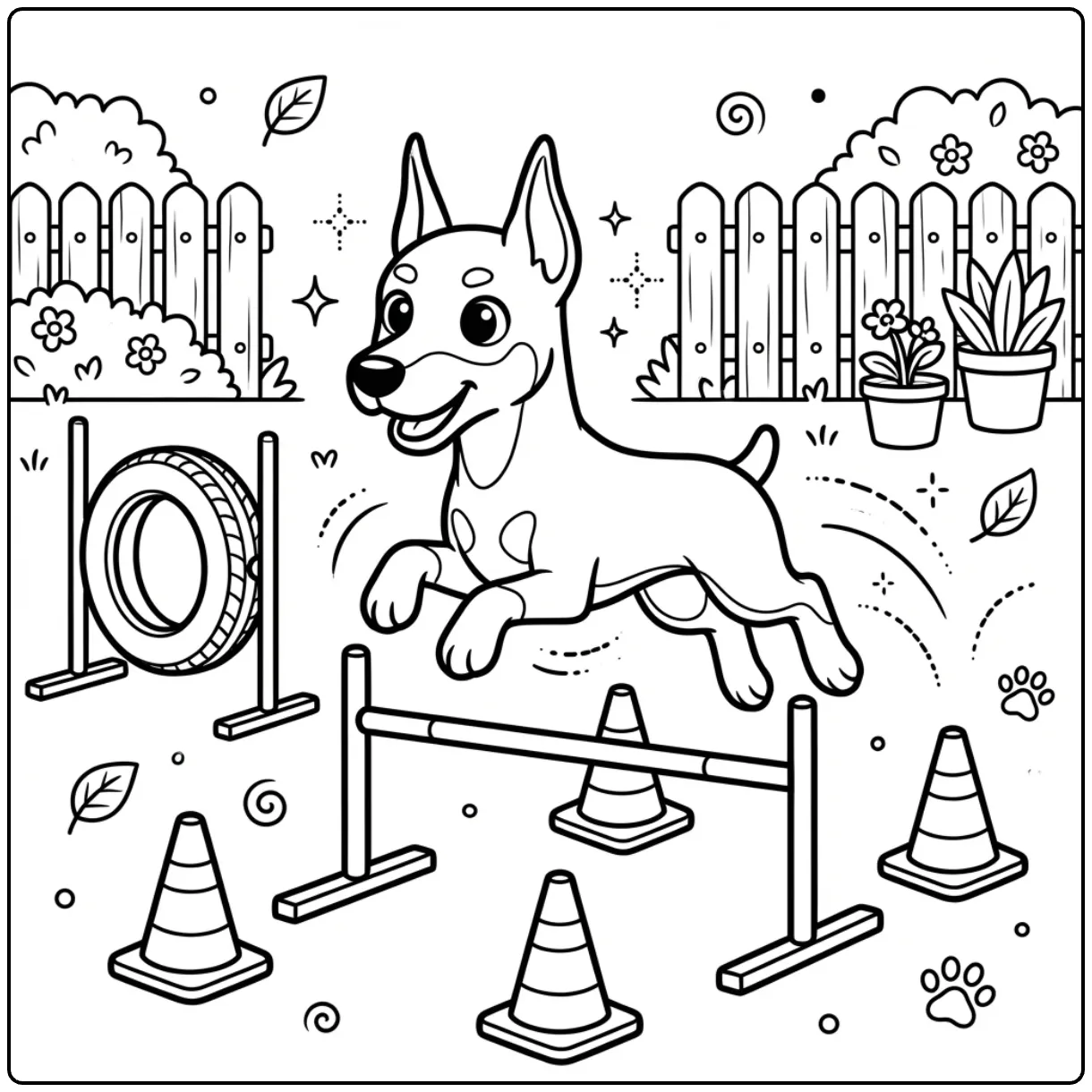 Cute Doberman coloring page jumping agility hurdles with joy.