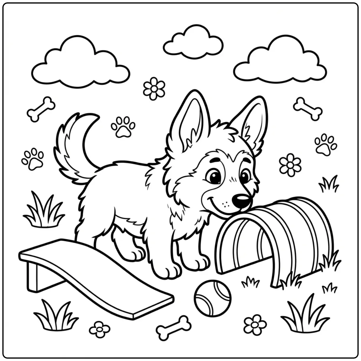 Cute German Shepherd Puppy coloring page with park toys.