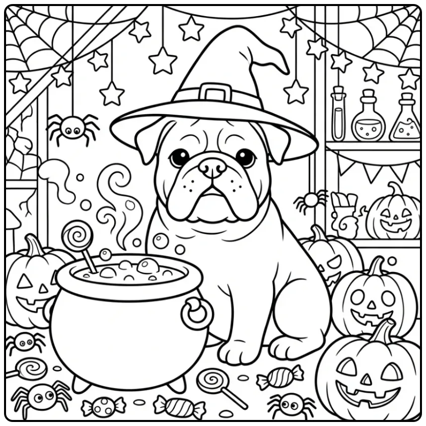 A witchy bulldog with pumpkins; Halloween Bulldog Coloring Page.