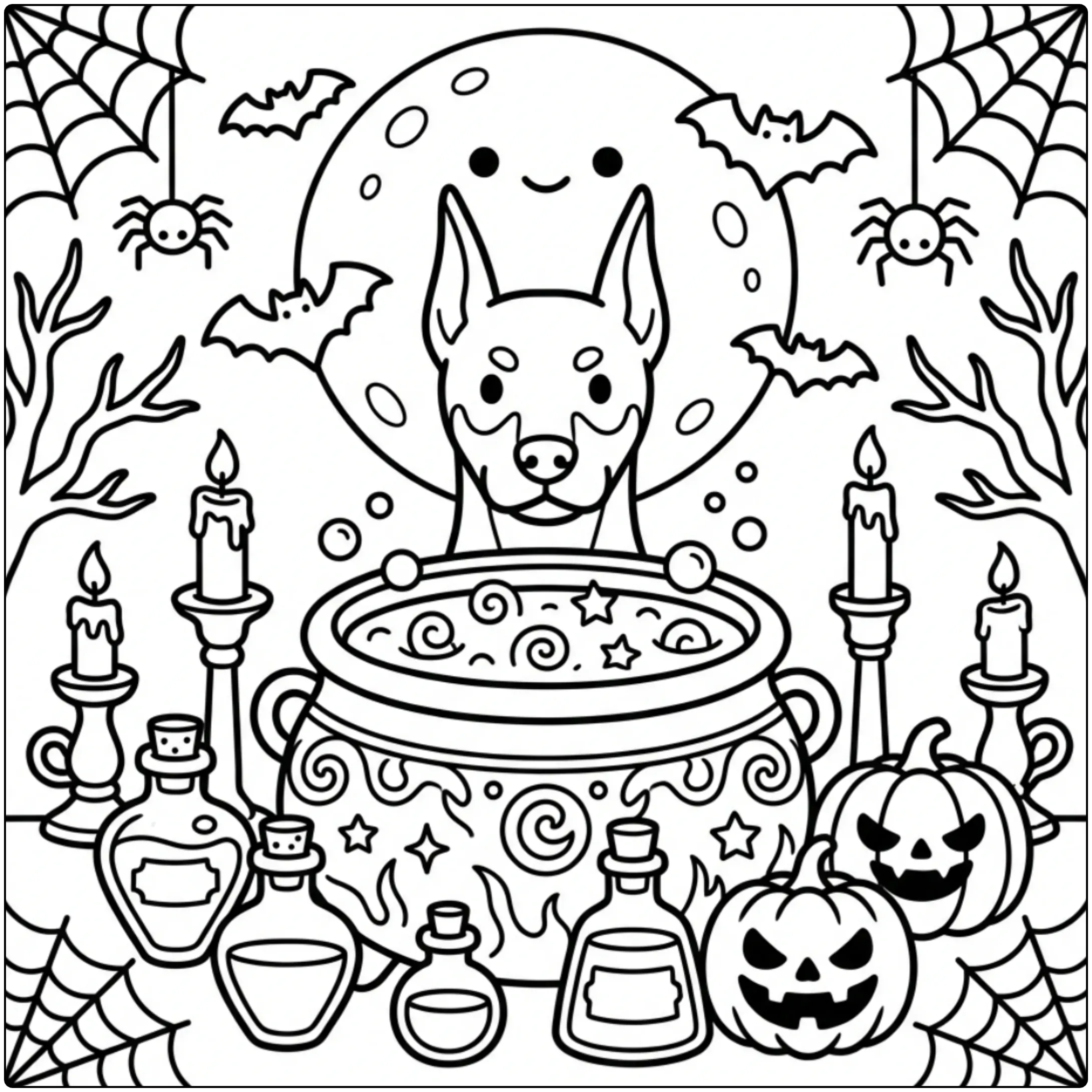 Cute Halloween Doberman coloring page with cauldron and moon.
