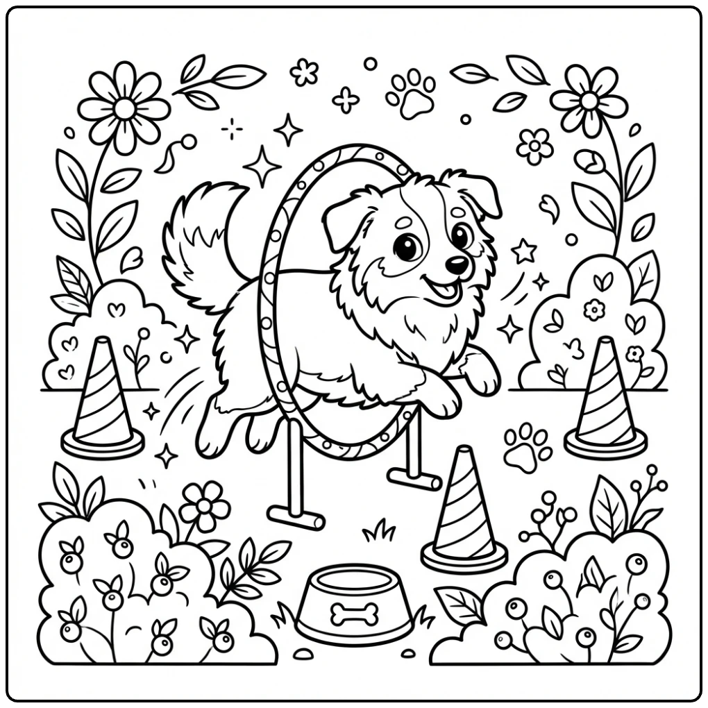 Cute mini Australian Shepherd coloring page jumping through hoop