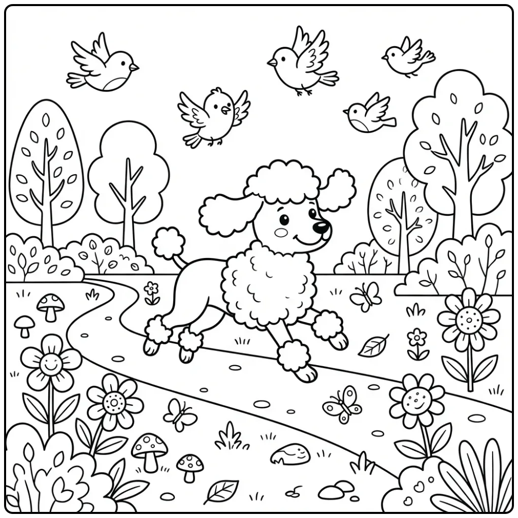 A joyful cartoon Standard Poodle Coloring Page running in a park.