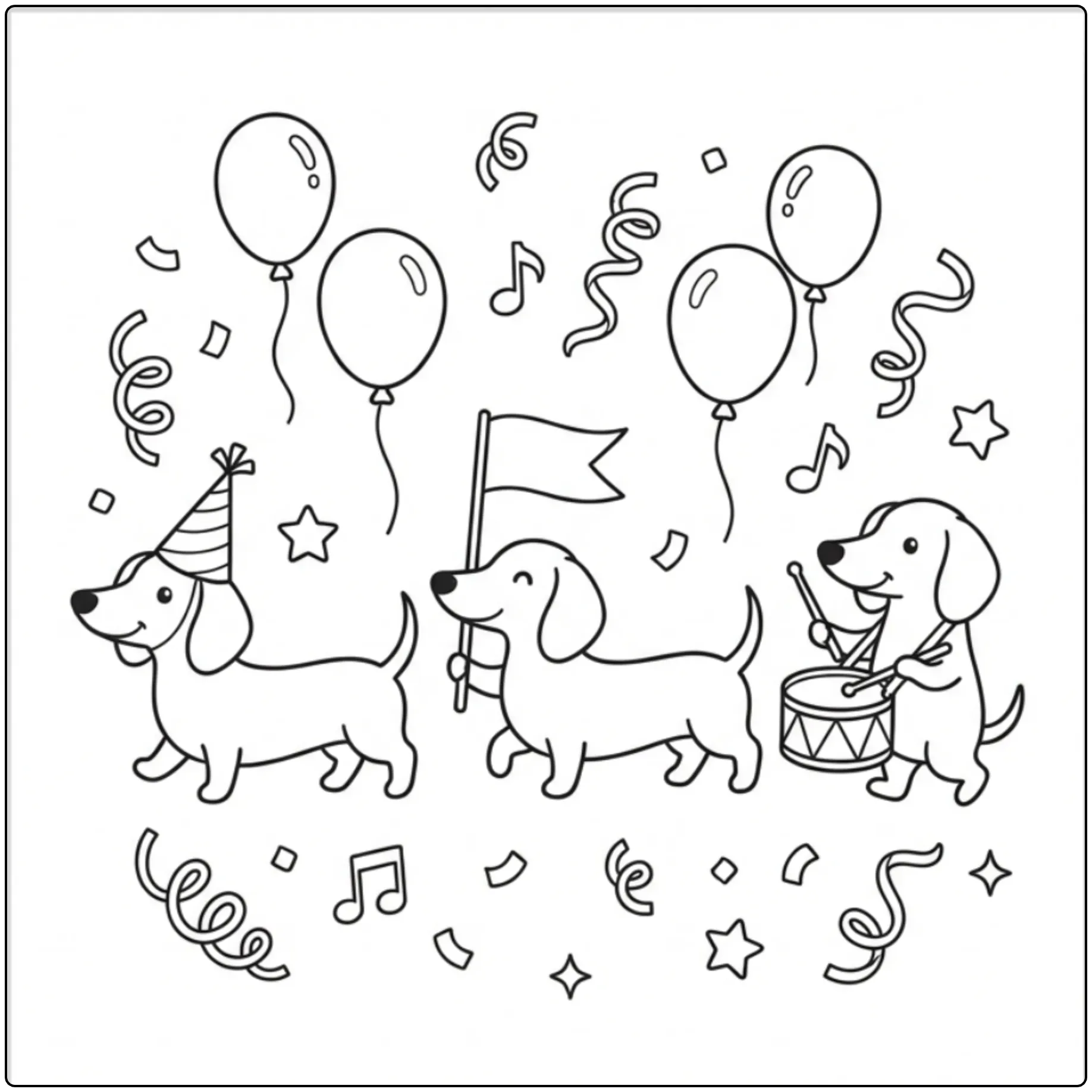 Cute Dachshund coloring page with parade dogs and balloons.