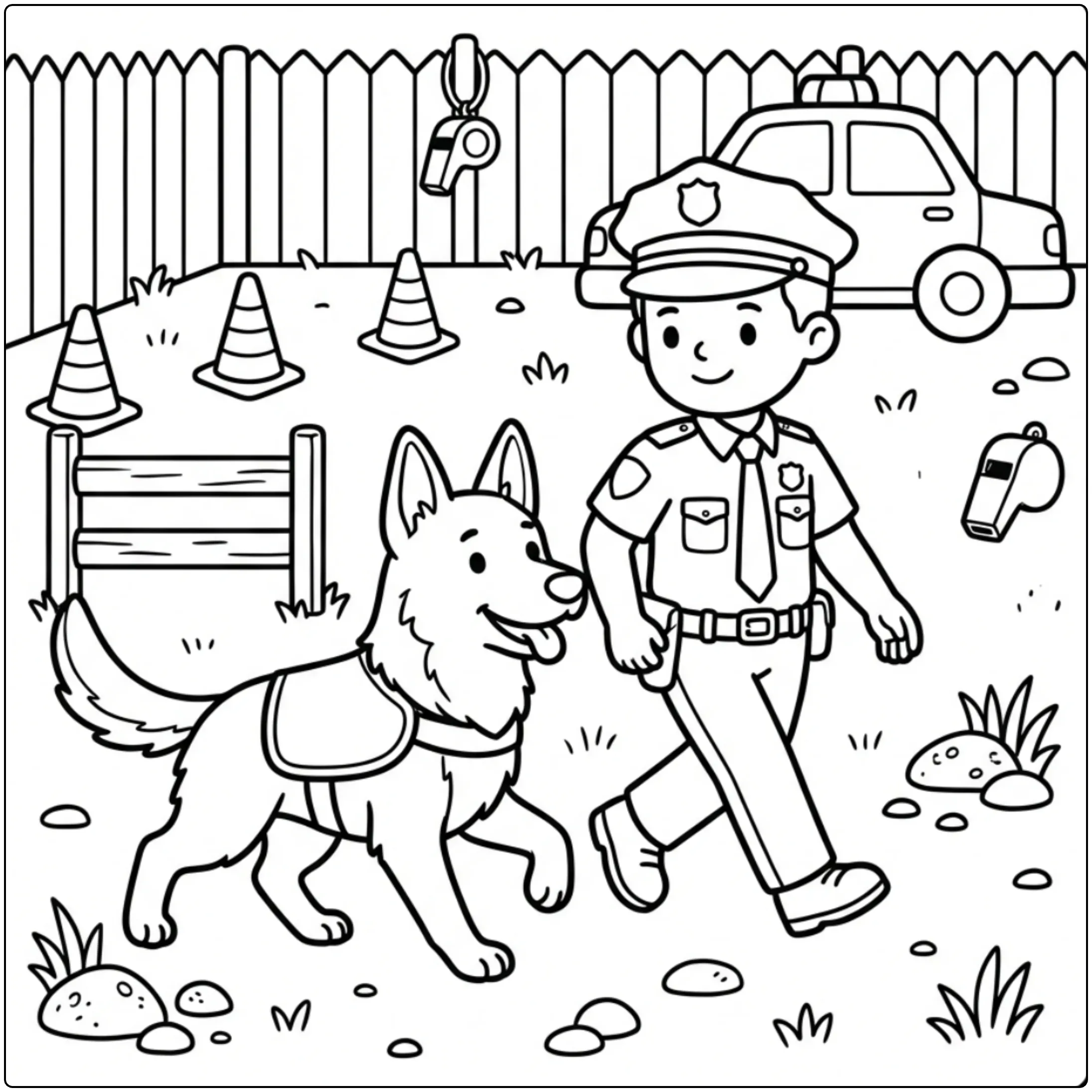 Cute police dog German Shepherd coloring page training scene.