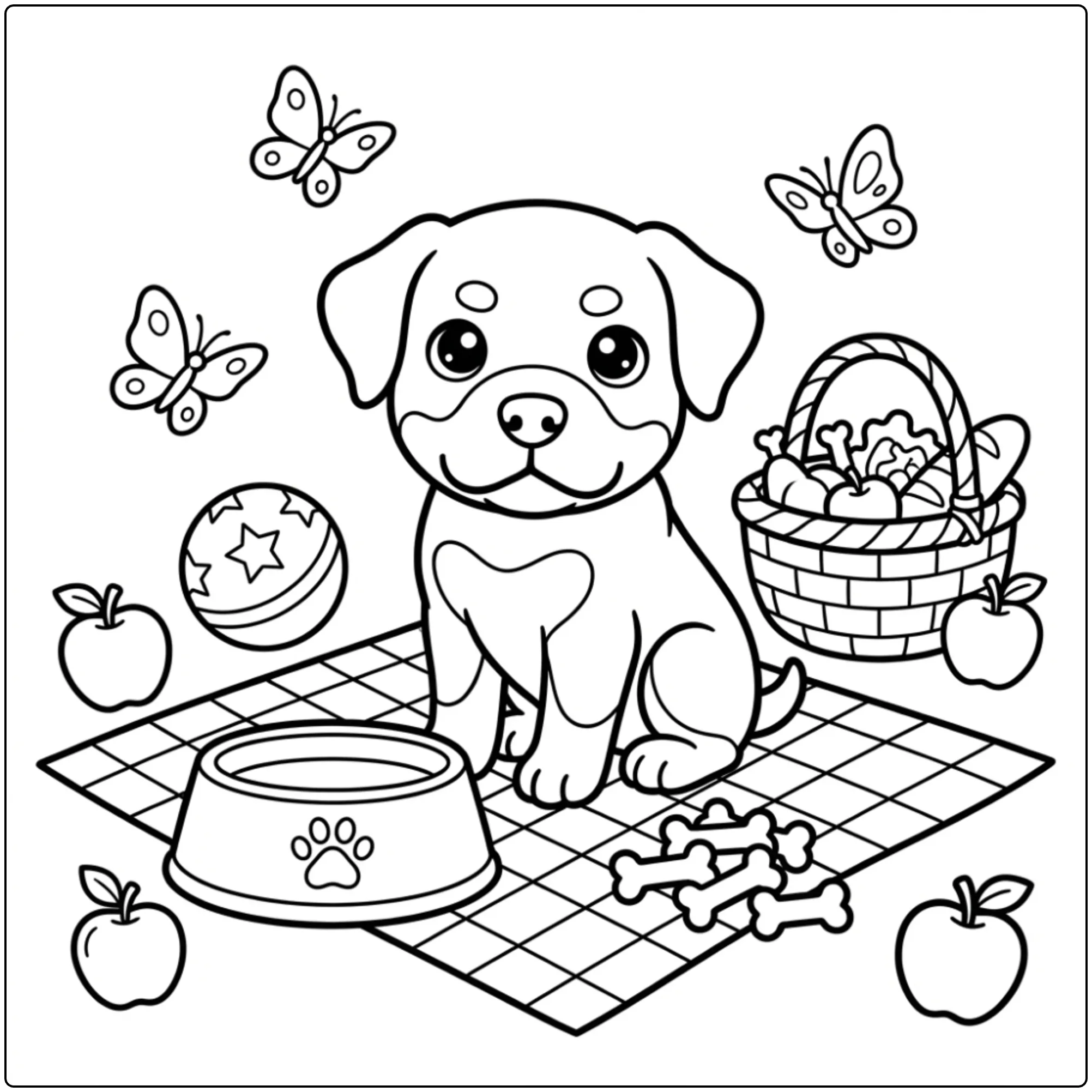 Cute puppy picnic scene on a Rottweiler coloring page.