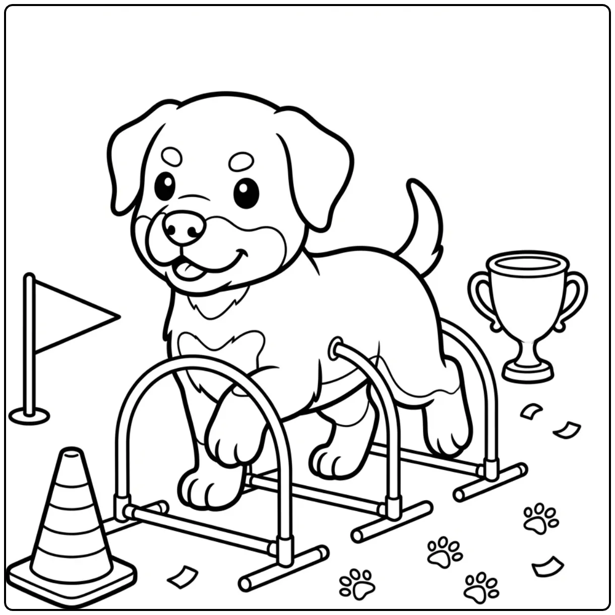 Cute Rottweiler puppy coloring page with agility hoops and trophy.