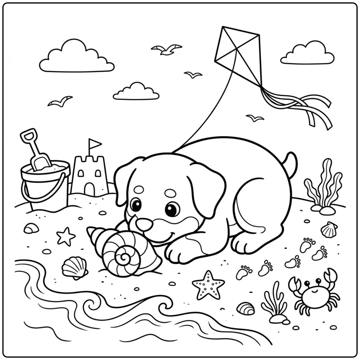 Cute Rottweiler puppy coloring page at the beach with a shell.
