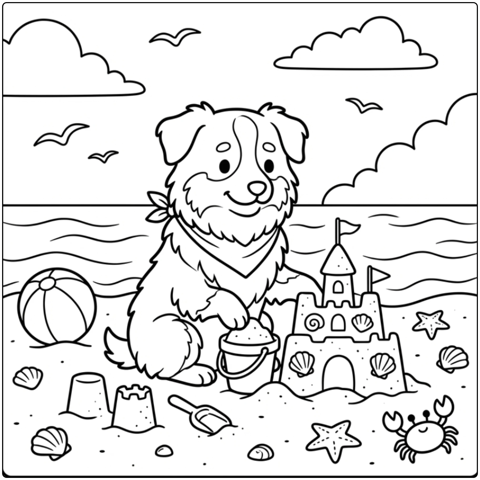 Cute beach Australian Shepherd coloring page with sandcastle.