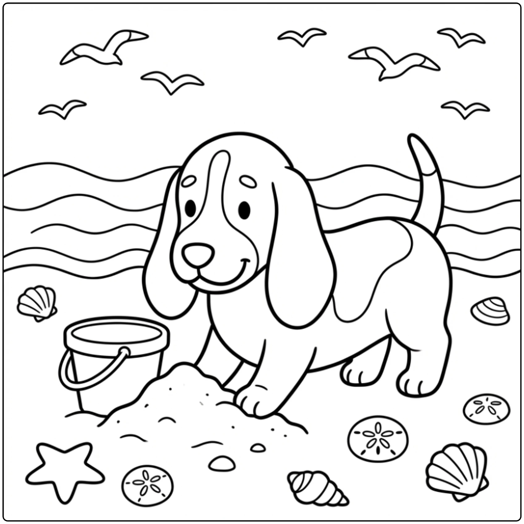 Cute beach scene Basset Hound coloring page digging in sand.