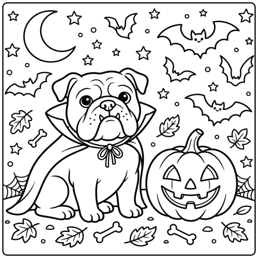 A cute vampire pup and jack-o'-lantern Halloween Bulldog Coloring Page.