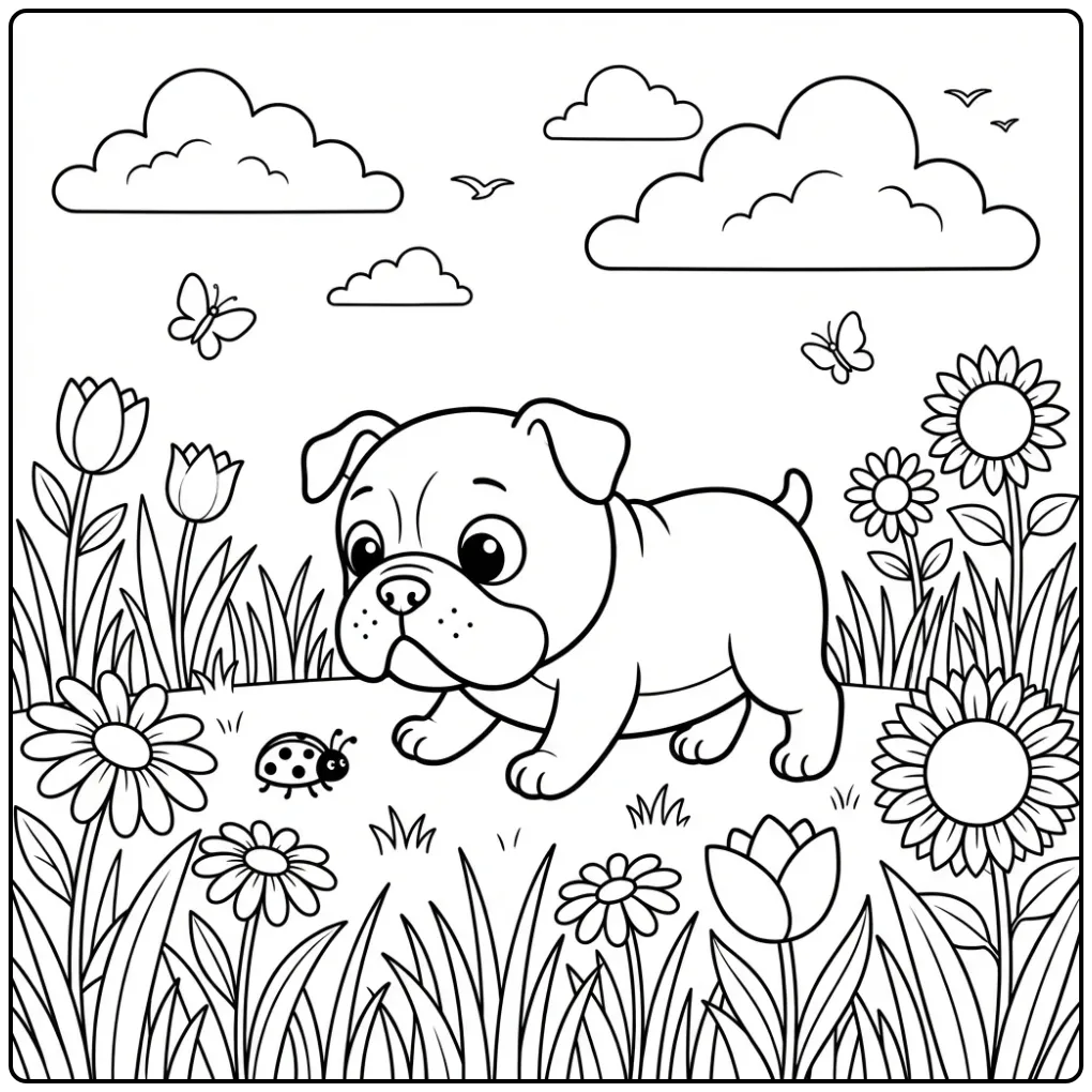 A cute Baby Bulldog Coloring Page of a puppy in a grassy field.