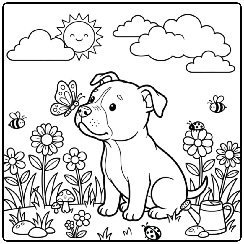 A cute Baby Pitbull Coloring Page showing a pup and a butterfly.