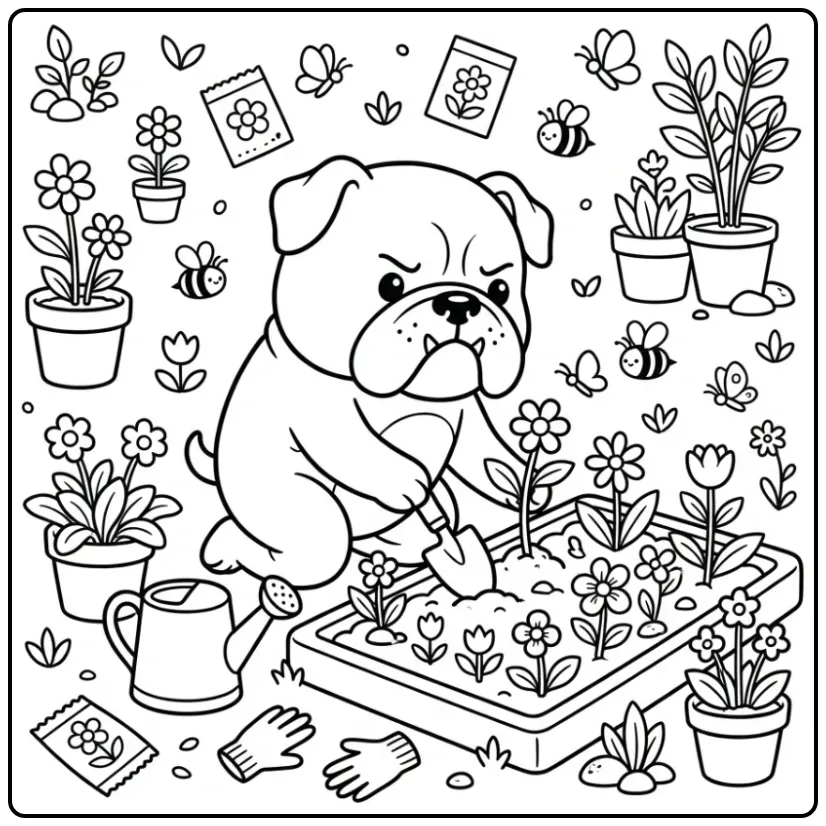 A cute cartoon Bulldog Coloring Page of a pup gardening.