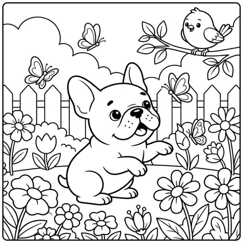 A playful puppy in a garden French Bulldog Coloring Page.