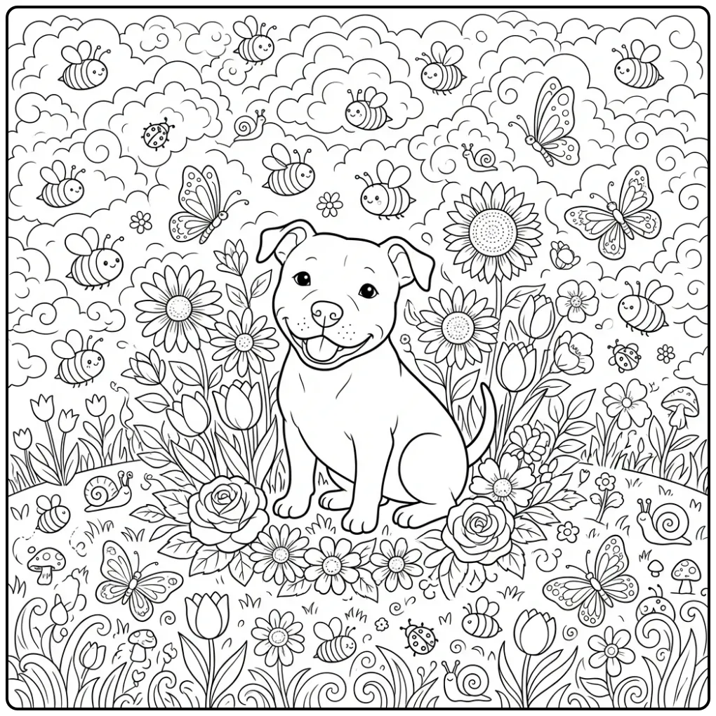 A cheerful Pitbull Puppy Coloring Page in a lovely garden.