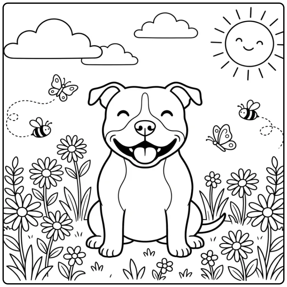 A smiling dog on a Cute Pitbull Coloring Page with butterflies.