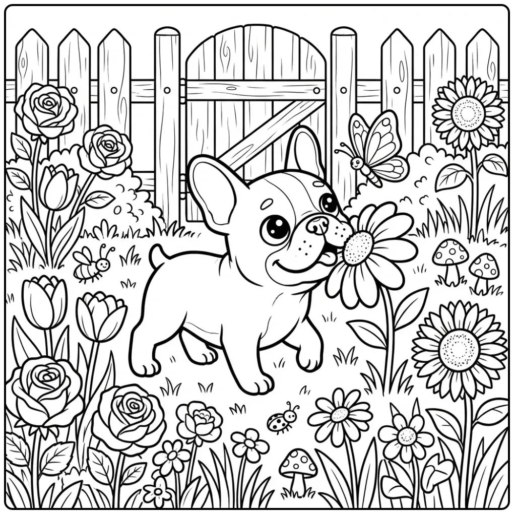 A charming Cute French Bulldog Coloring Page with a butterfly.