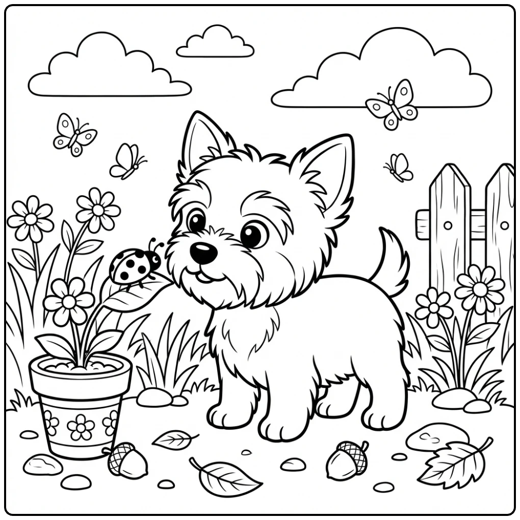 Cute Yorkie Puppy coloring page finding a ladybug.