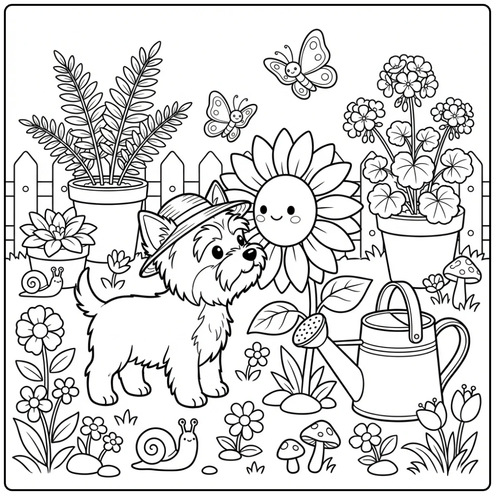 Cute Yorkie coloring page with sun hat sniffing a sunflower.