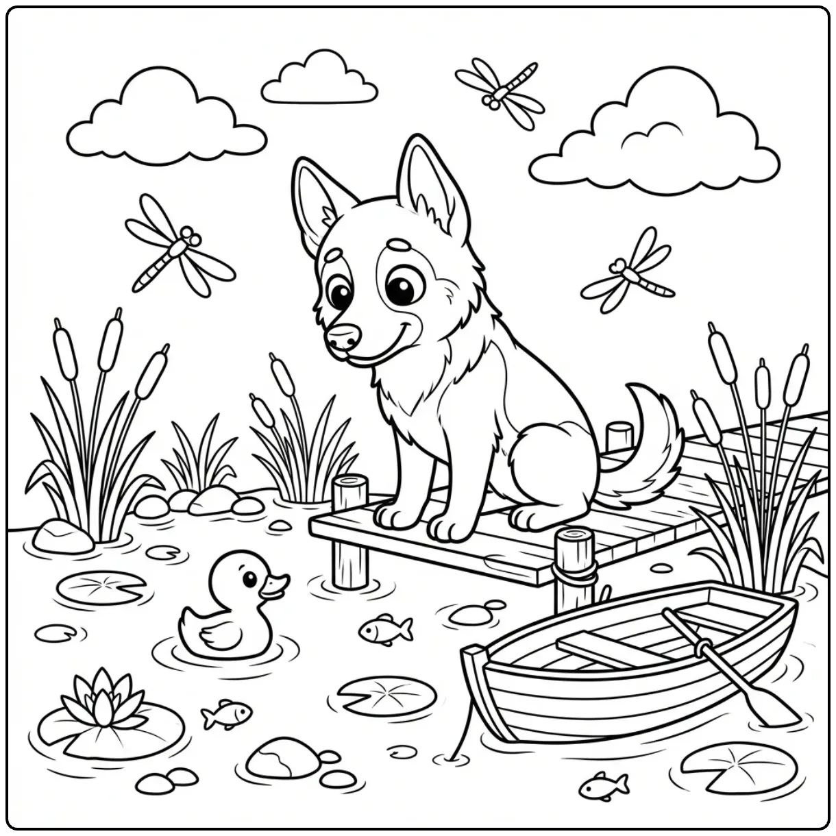 Cute German Shepherd coloring page watching a rubber duck.