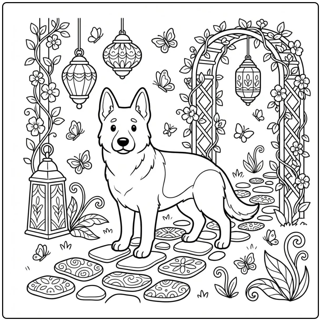 Detailed German Shepherd coloring page for adults with nature