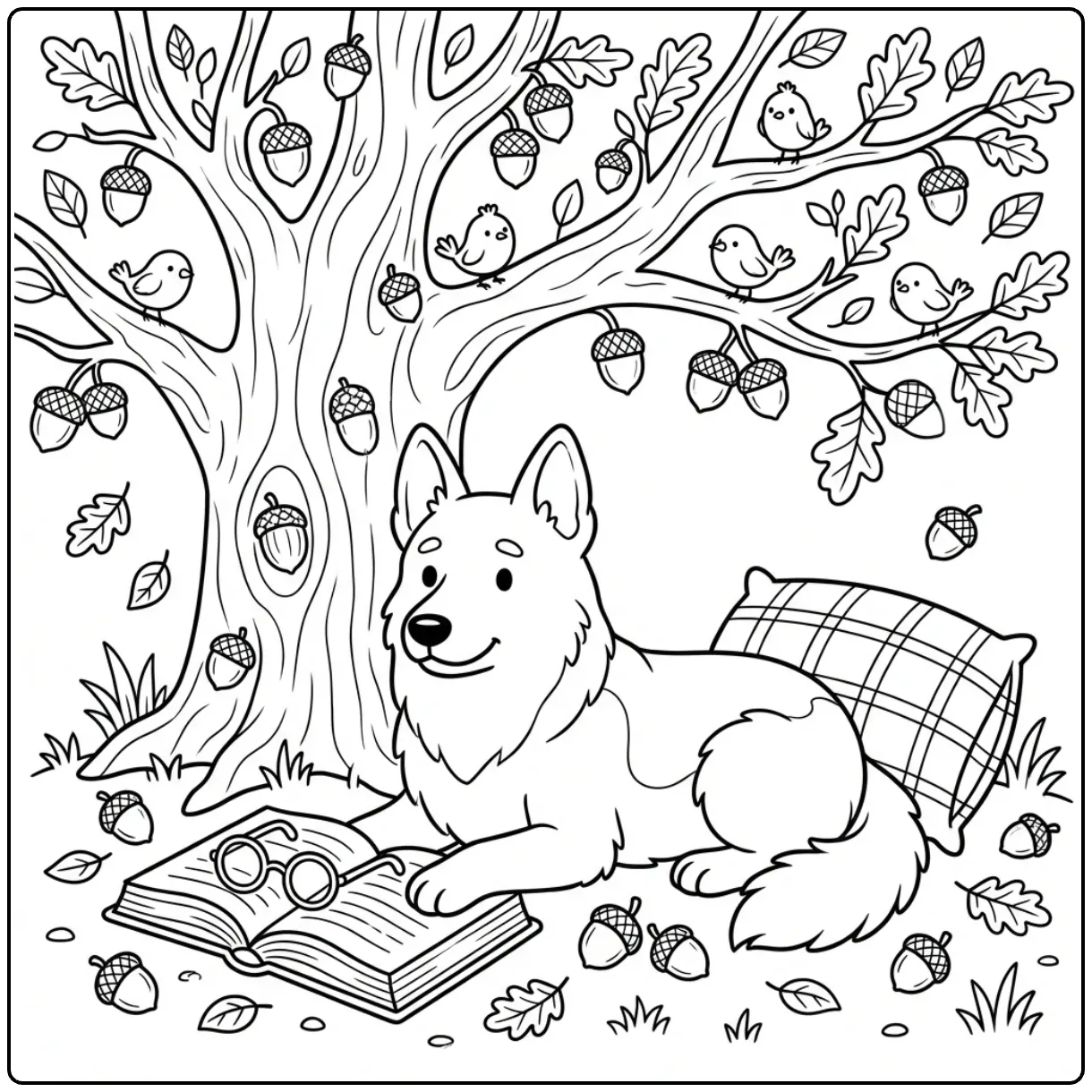Cute German Shepherd coloring page reading under a tree