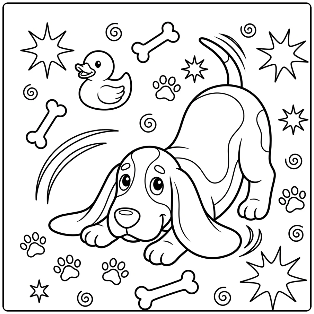 Playful Cartoon Basset Hound coloring page with squeaky toy.