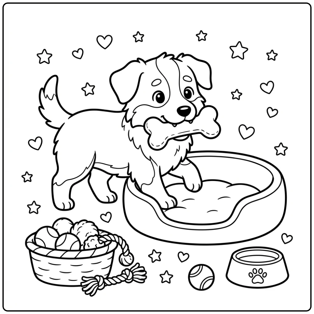 Australian Shepherd Puppy coloring page carrying a plush toy.
