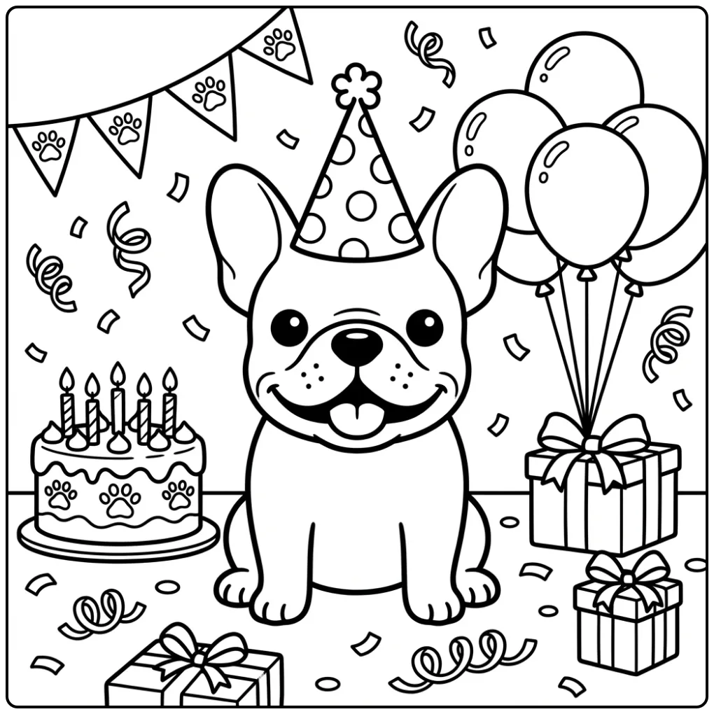 Cute party scene French Bulldog Coloring Page For Kids with cake.