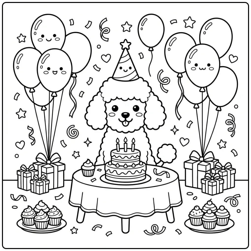 A joyful dog at its birthday party, a fun Poodle Coloring Page.