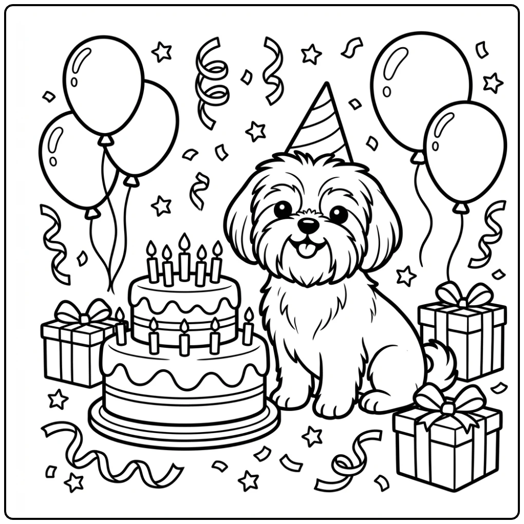 Cute Shih Tzu coloring page with birthday cake and balloons