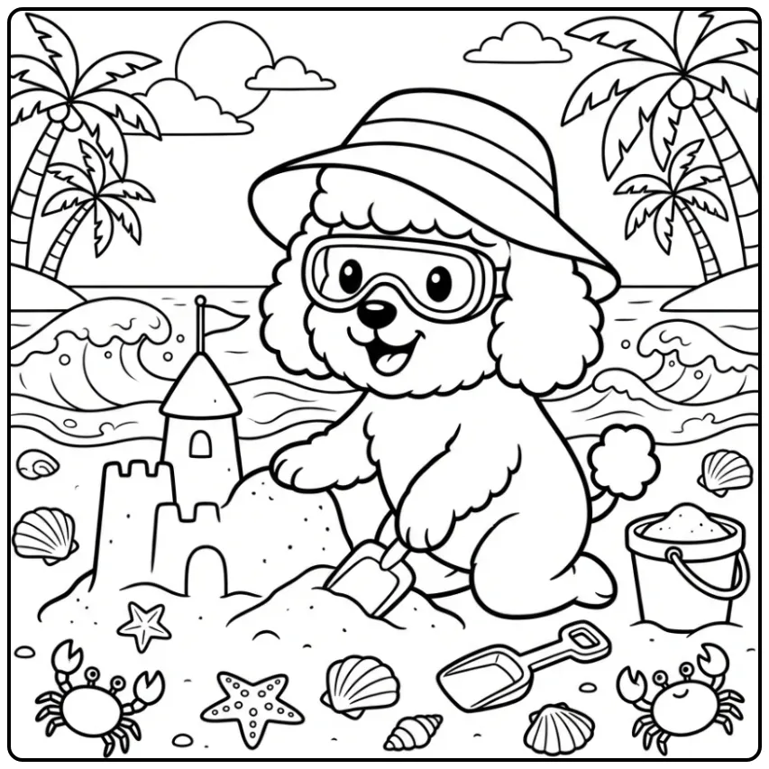 A cute cartoon dog with a shovel, a Summer Beach Poodle Coloring Page.
