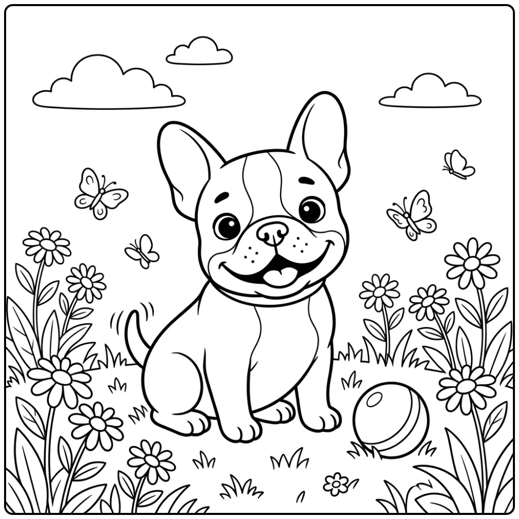 A cute French Bulldog Puppy Coloring Page with a ball and daisies.