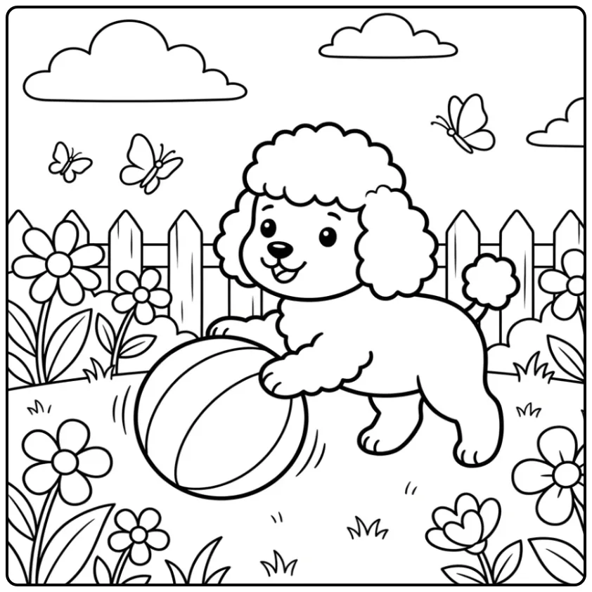 A cute Poodle Coloring Page For Toddlers playing in a garden.