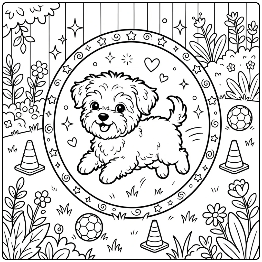 Cute Yorkie Poo coloring page of a puppy jumping through a hoop.