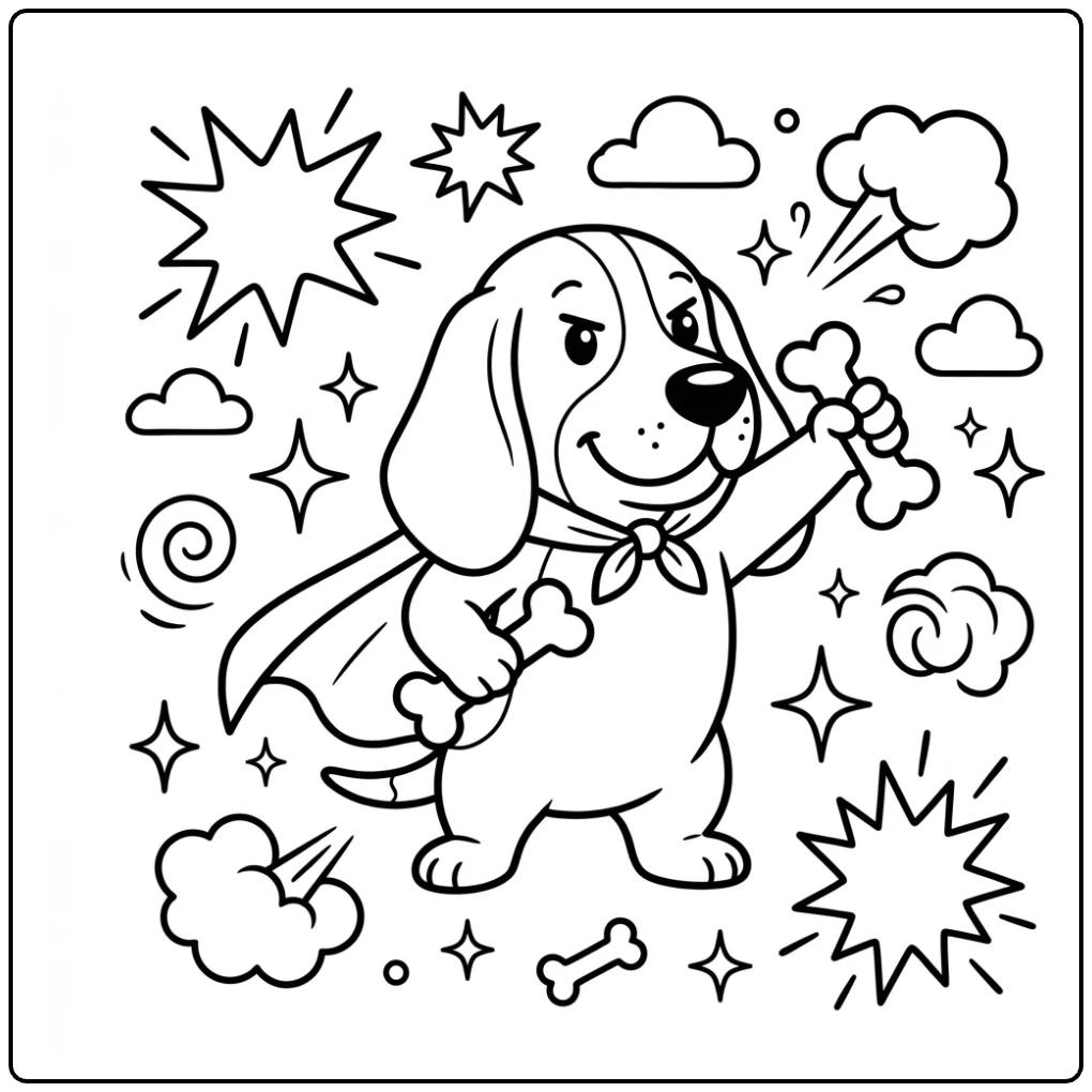 Cute superhero Basset Hound coloring page with a cape.