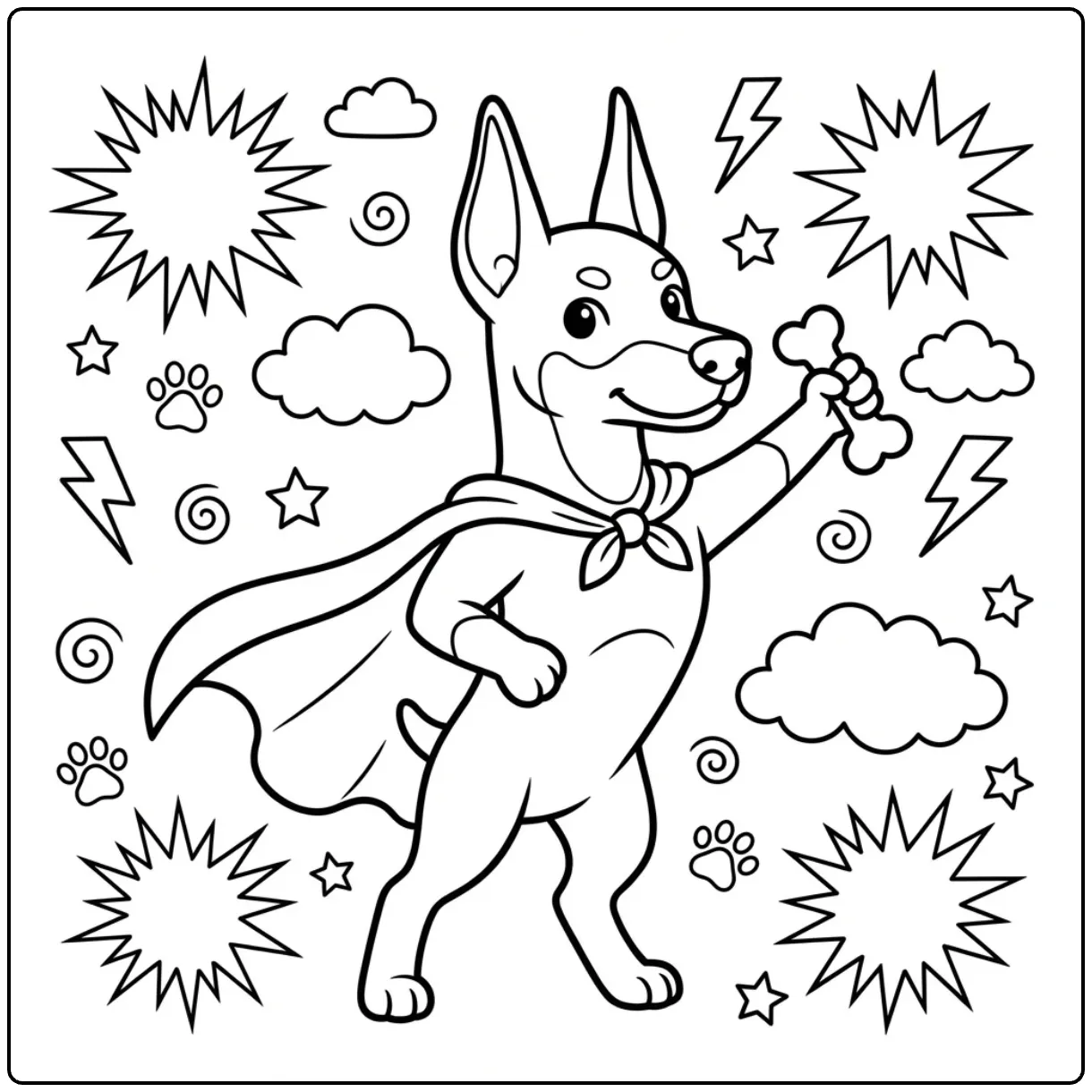 Superhero Doberman coloring page with a cape and bone.