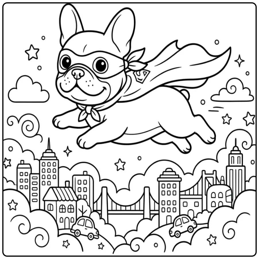 A cute superhero French Bulldog Coloring Page flying over a city.