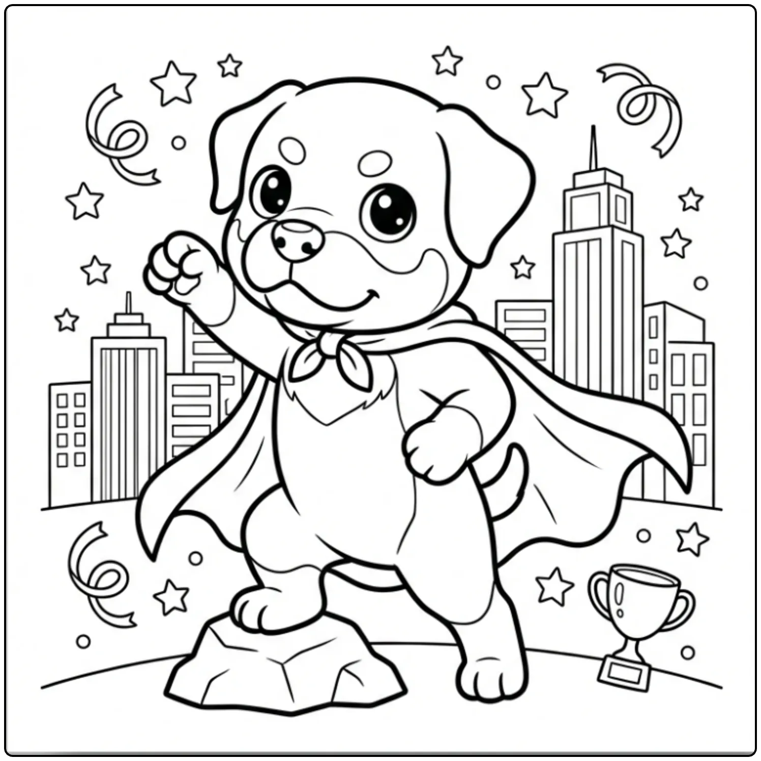 Cute superhero puppy Rottweiler coloring page on a rock.