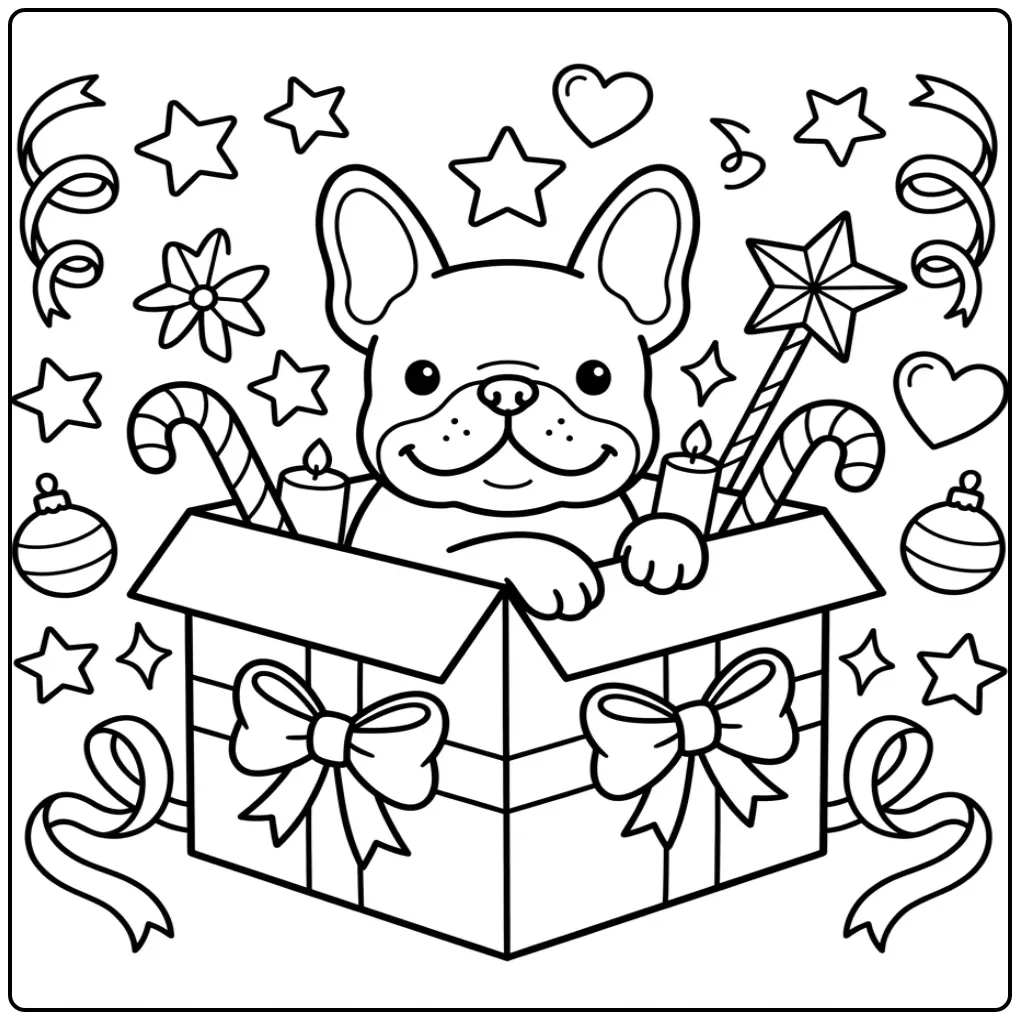 A cute Frenchie in a gift box, an Easy French Bulldog Coloring Page.