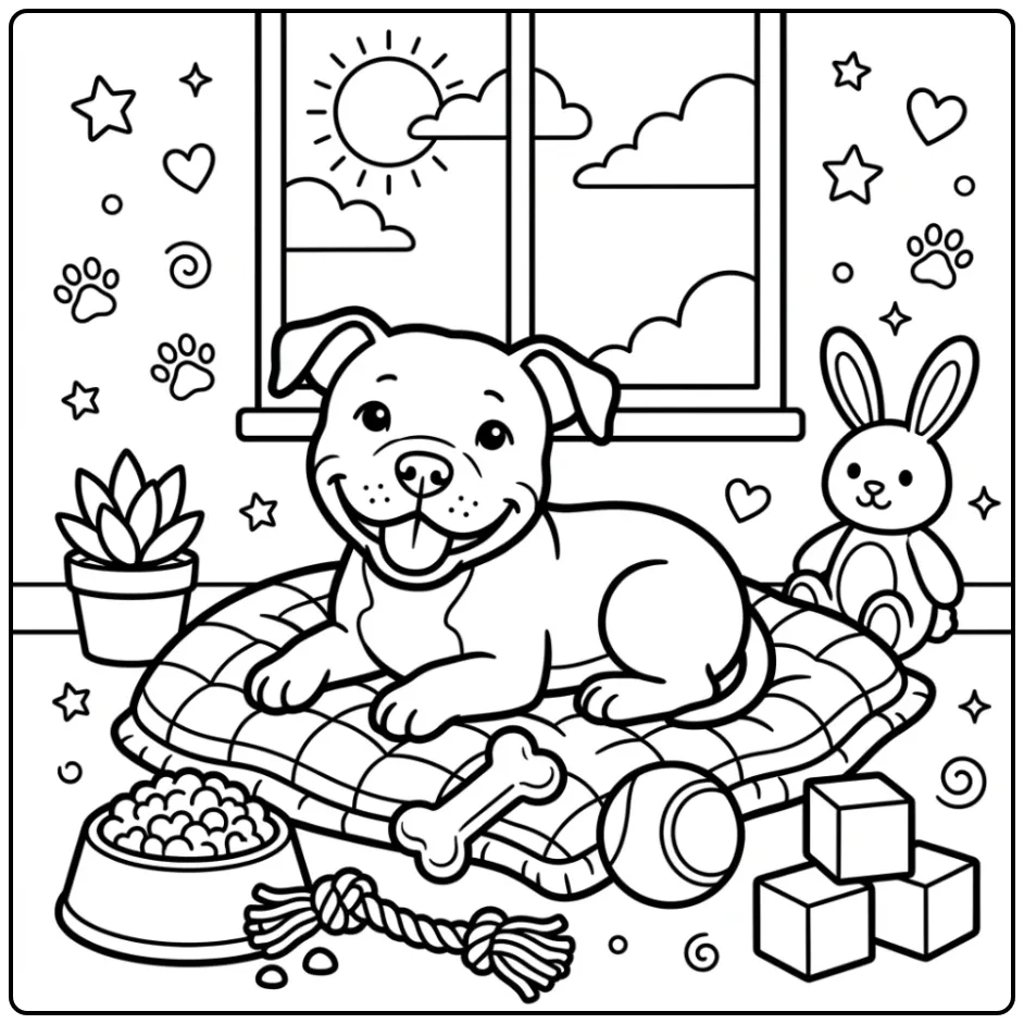 A cute cartoon Pitbull Coloring Page with a happy puppy.