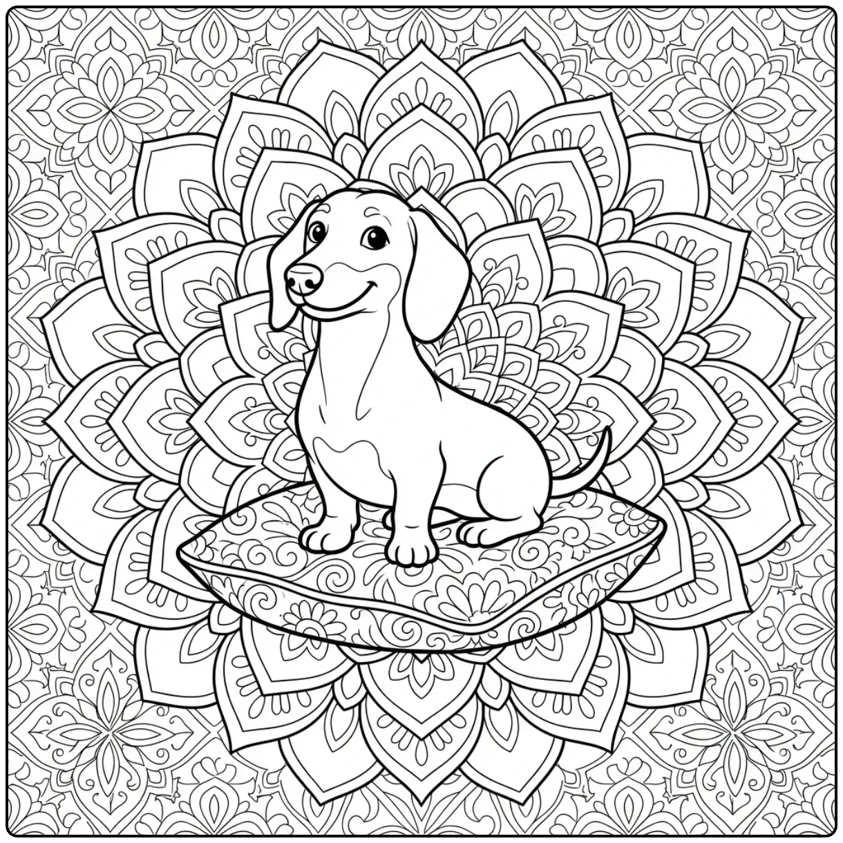 Geometric Dachshund coloring page for adults on a cushion