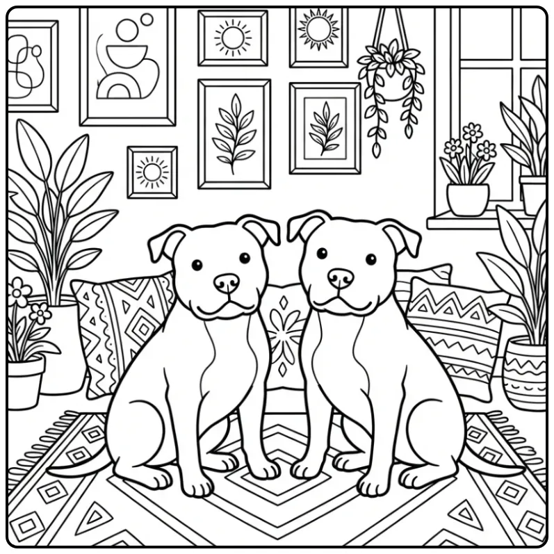 A serene pitbull sits inside a mandala Pitbull Coloring Page For Adults.