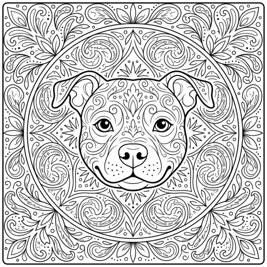 A peaceful cartoon dog face for a Mandala Pitbull Coloring Page.