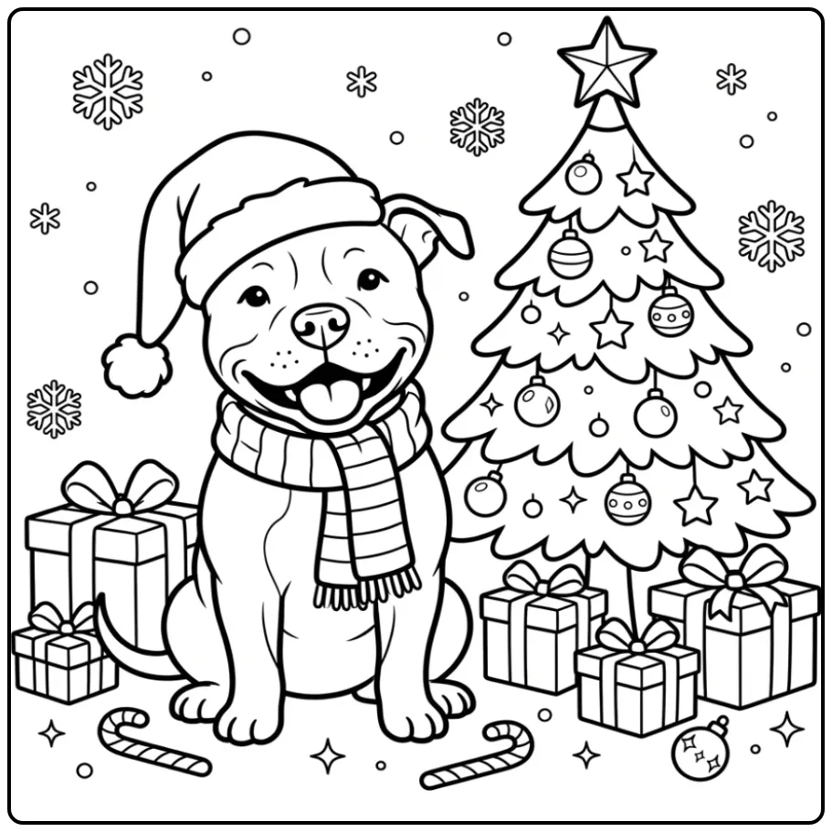 A happy dog with a Santa hat for a Christmas Pitbull Coloring Page.